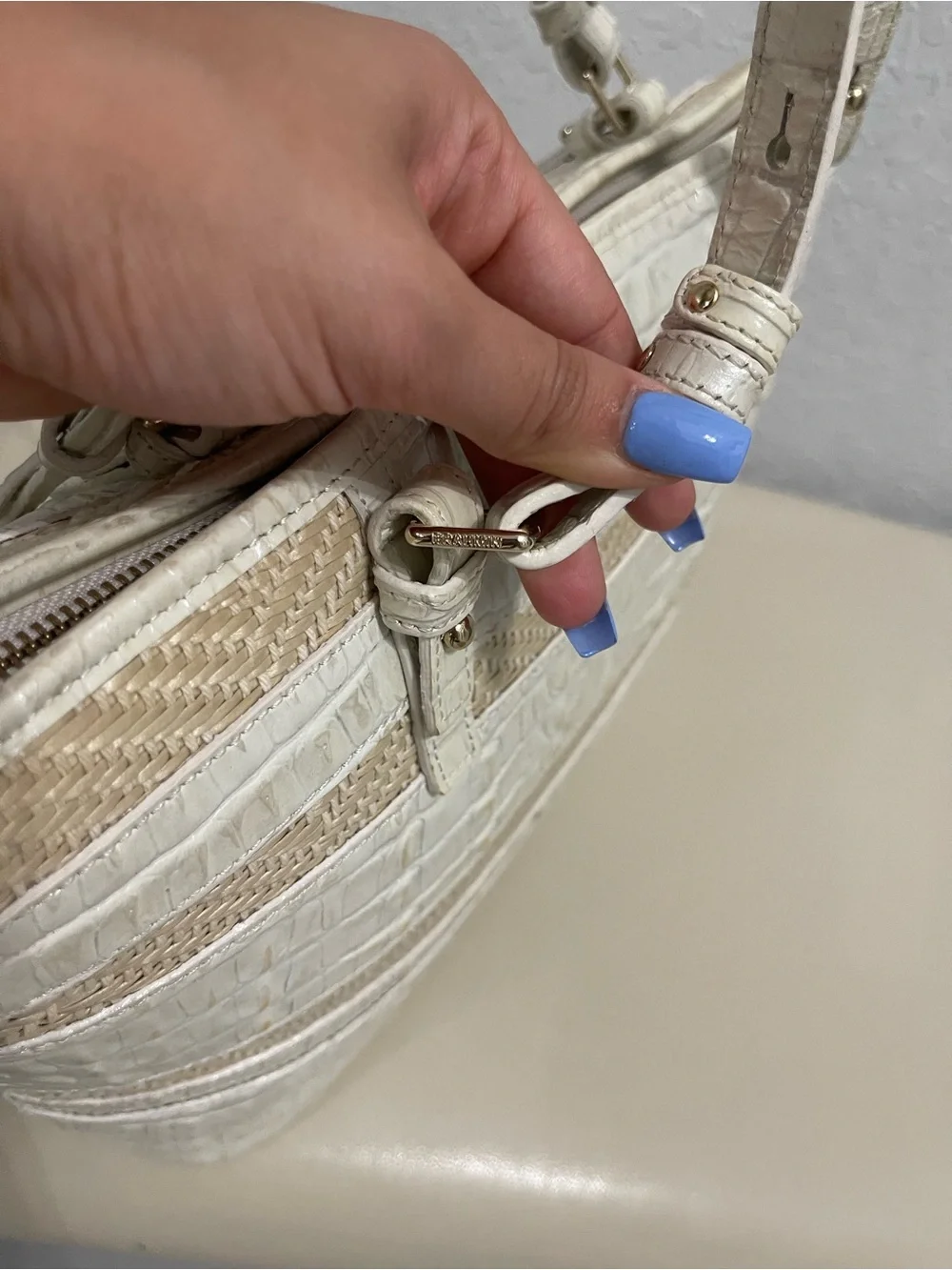 Brahmin Cream Croc-Embossed & Woven Tote Bag with Tassel